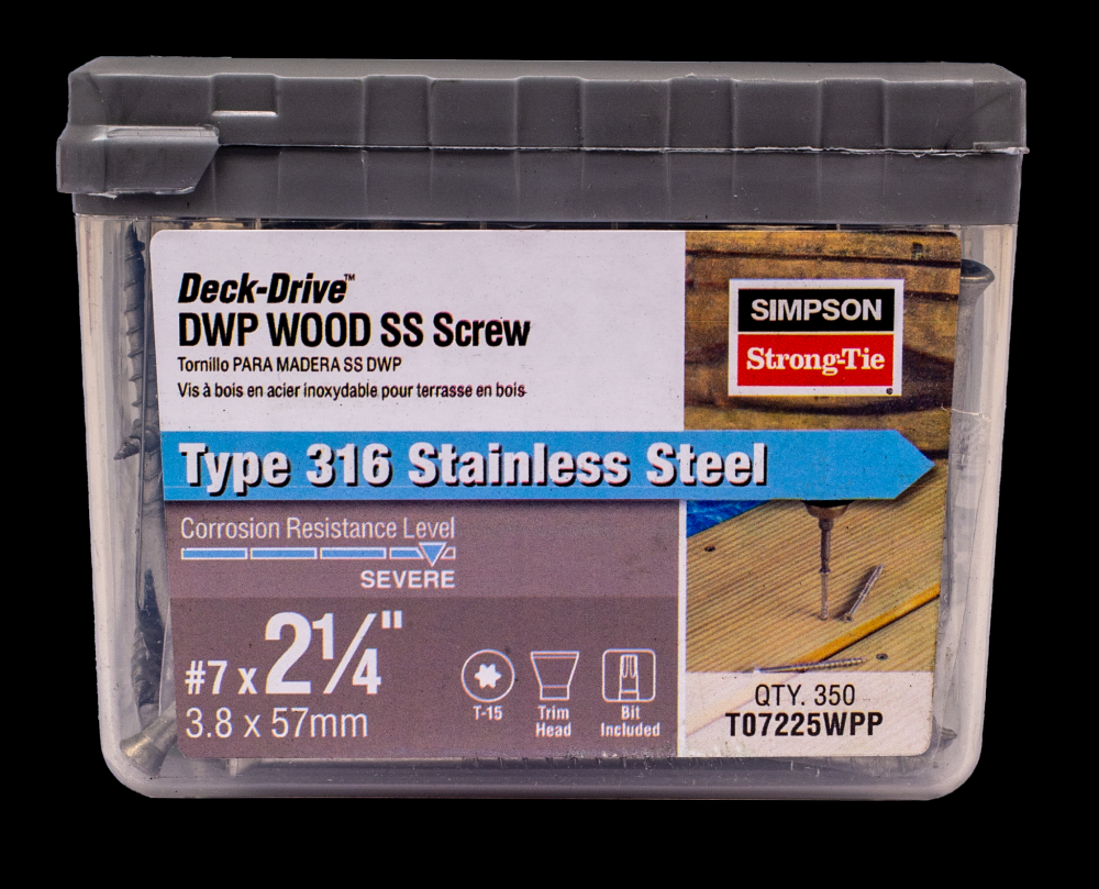Deck-Drive™ DWP WOOD SS Screw - #7 x 2-1/4 in. T-15, Trim Head, Type 316 (350-Qty)<span class=' ItemWarning' style='display:block;'>Item is usually in stock, but we&#39;ll be in touch if there&#39;s a problem<br /></span>