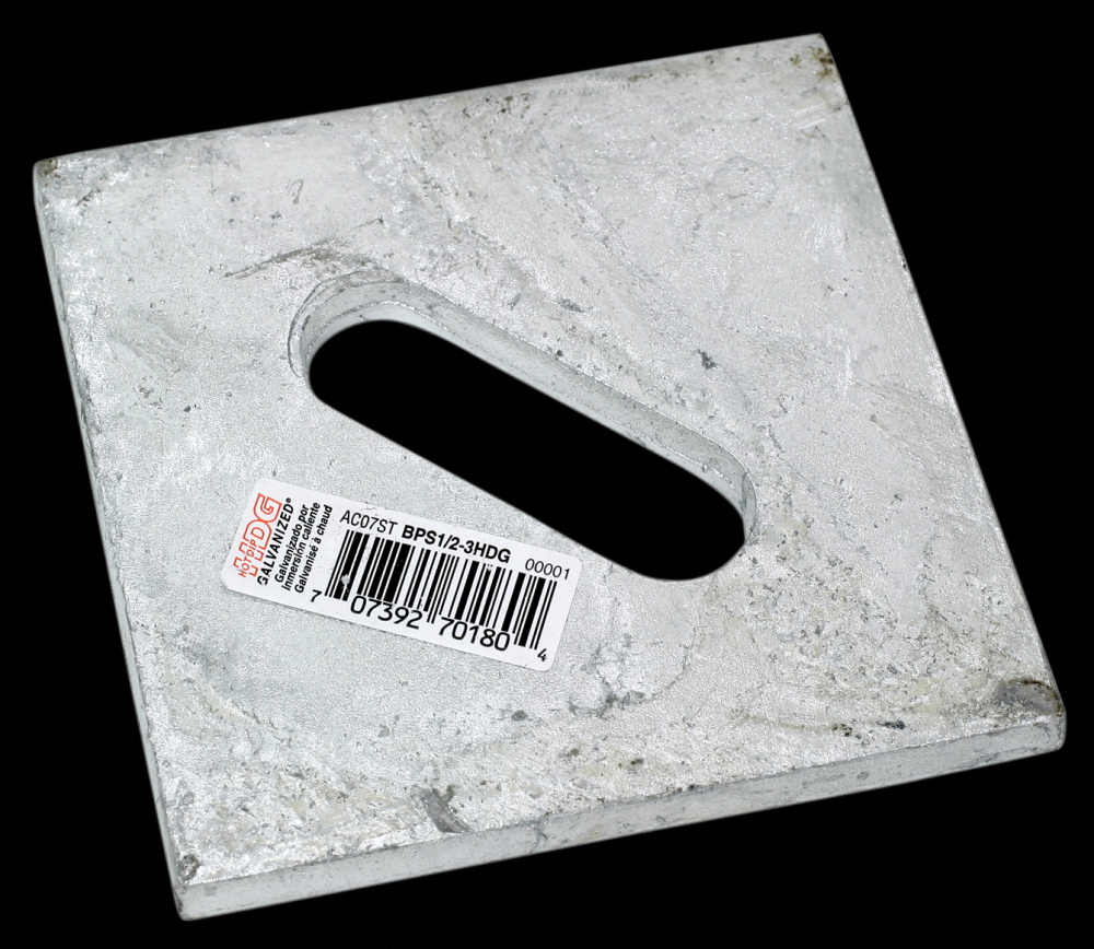 BPS 3 in. x 3 in. HDG Slotted Bearing Plate with 1/2 in. Bolt Dia.<span class=' ItemWarning' style='display:block;'>Item is usually in stock, but we&#39;ll be in touch if there&#39;s a problem<br /></span>