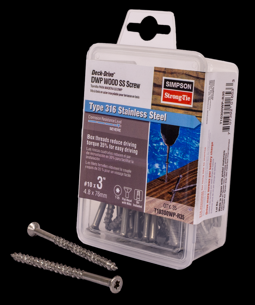 Deck-Drive™ DWP WOOD SS Screw - #10 x 3 in. T25, Flat Head, Type 316 (35-Qty)<span class=' ItemWarning' style='display:block;'>Item is usually in stock, but we&#39;ll be in touch if there&#39;s a problem<br /></span>