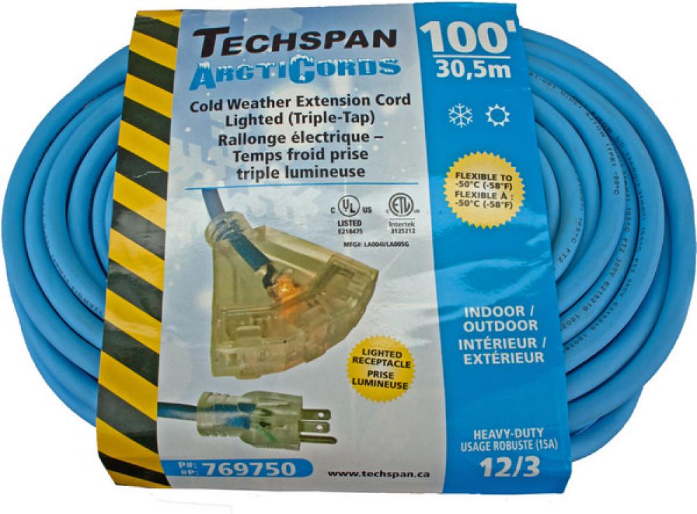 EXTENSION CORD COLD WTHR 3TAP BLUE 12/3 100FT<span class=' ItemWarning' style='display:block;'>Item is usually in stock, but we&#39;ll be in touch if there&#39;s a problem<br /></span>