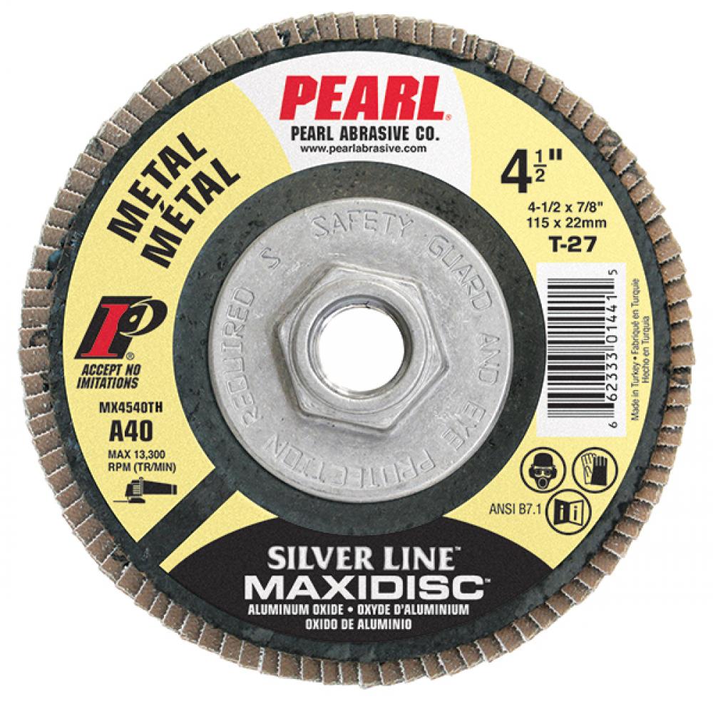 4-1/2 x 5/8-11 Silver Line™ AO Maxidisc™ Flap Discs for Metal, Type 27 Shape<span class=' ItemWarning' style='display:block;'>Item is usually in stock, but we&#39;ll be in touch if there&#39;s a problem<br /></span>