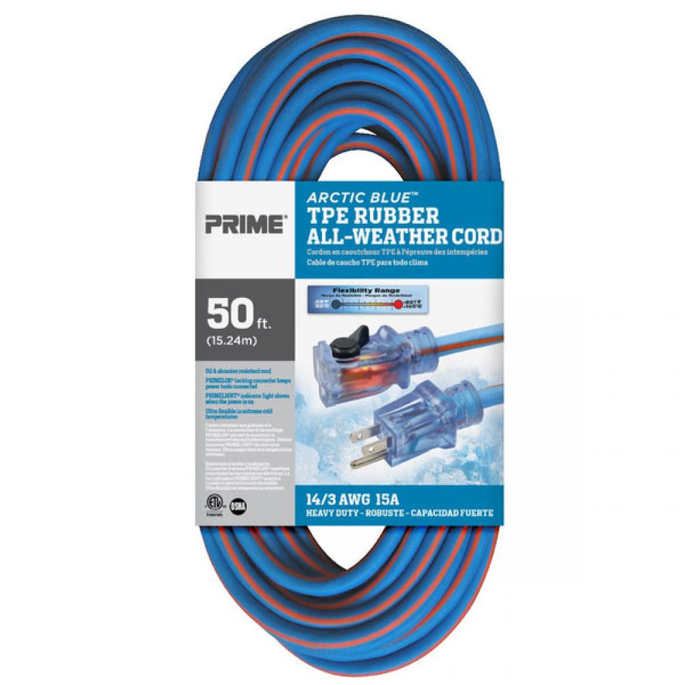 50ft. 14/3 SJEOW Blue/Orange Arctic Blue All Weather Extension Cord w/Primelight<span class=' ItemWarning' style='display:block;'>Item is usually in stock, but we&#39;ll be in touch if there&#39;s a problem<br /></span>