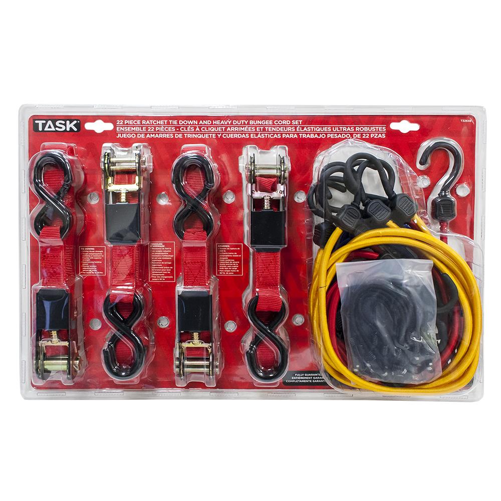 22pc Ratcheting Tie Downs & Heavy Duty Bungee Cords Set - Clamshell<span class=' ItemWarning' style='display:block;'>Item is usually in stock, but we&#39;ll be in touch if there&#39;s a problem<br /></span>