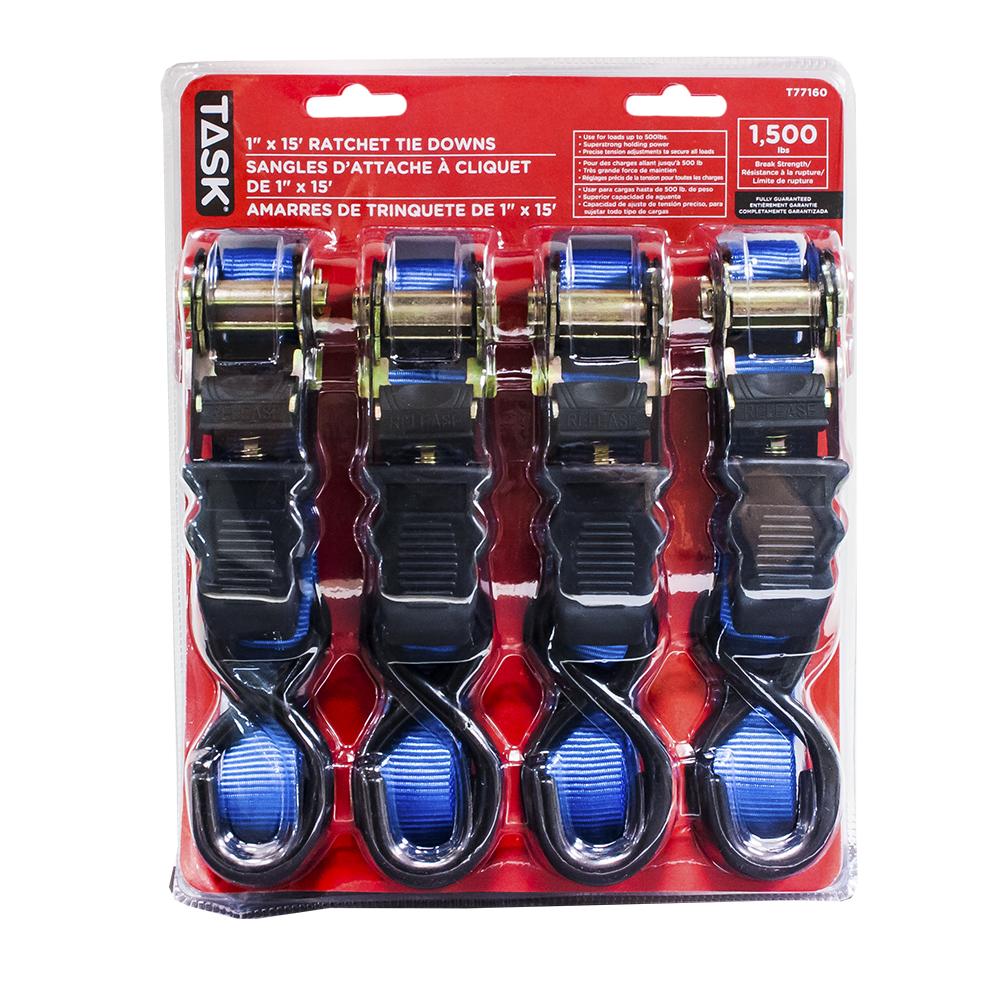 4pc 1500 lb. 1&#34; x 15&#39; Ratcheting Tie Downs - 4/pack<span class=' ItemWarning' style='display:block;'>Item is usually in stock, but we&#39;ll be in touch if there&#39;s a problem<br /></span>