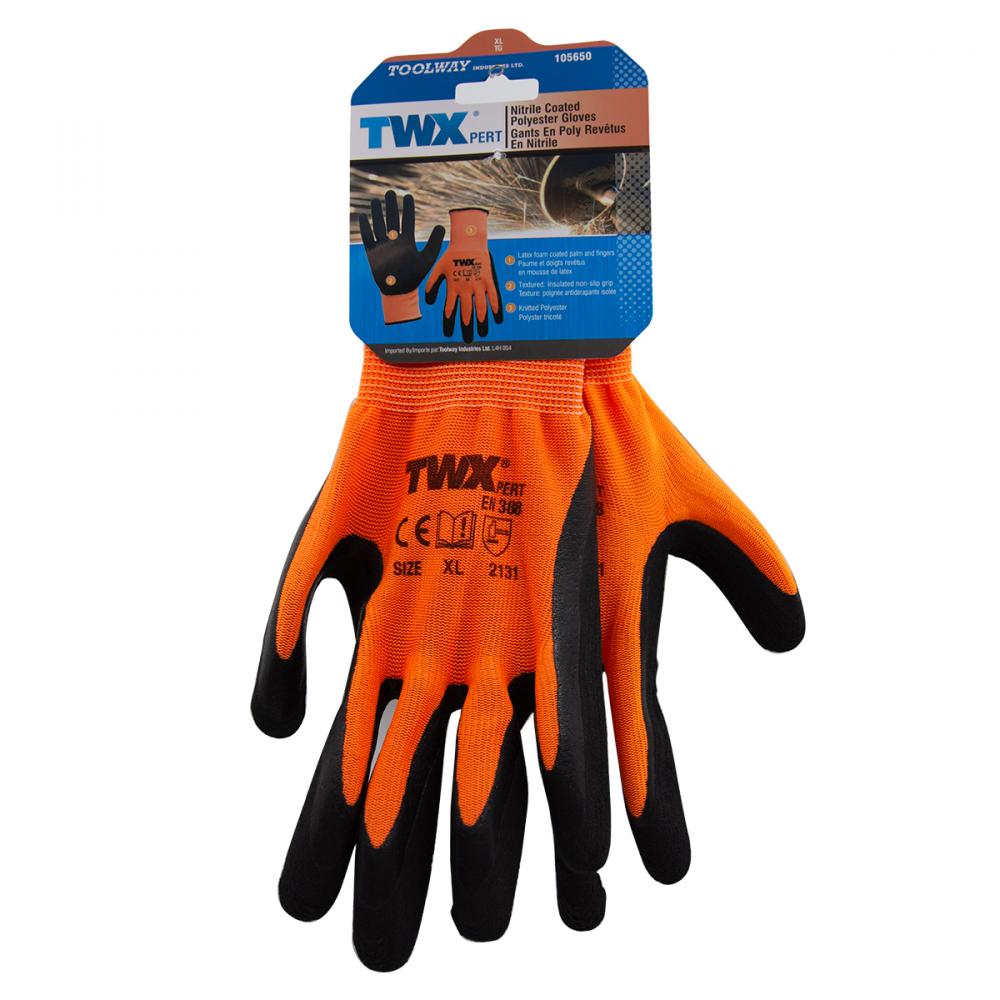 1dz. Knitted Polyester Gloves Orange with Latex Foam Black Palm (XL)<span class=' ItemWarning' style='display:block;'>Item is usually in stock, but we&#39;ll be in touch if there&#39;s a problem<br /></span>
