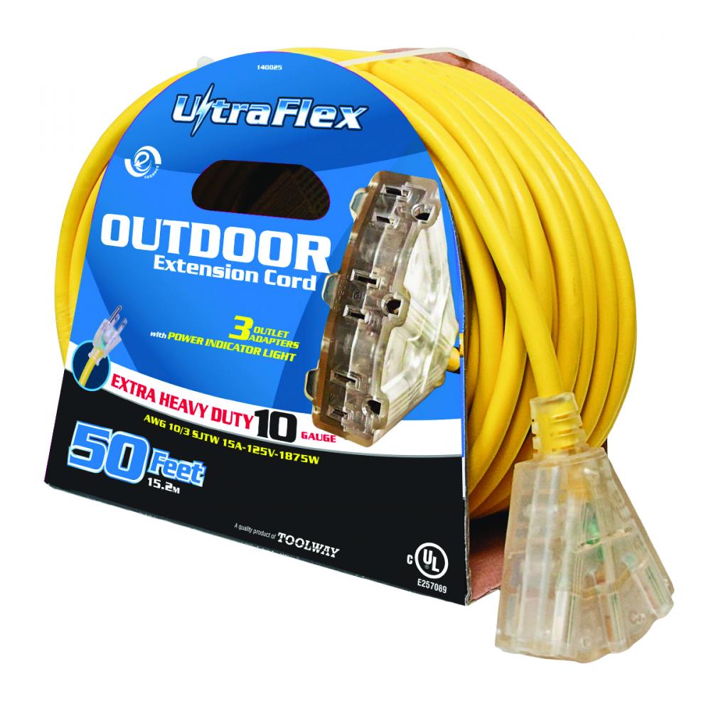 Extension Cord Outdoor SJTW 10/3 Lighted 3-Tap Yellow 100ft<span class=' ItemWarning' style='display:block;'>Item is usually in stock, but we&#39;ll be in touch if there&#39;s a problem<br /></span>
