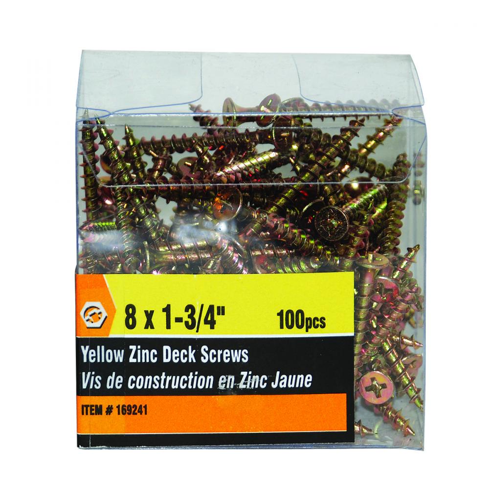 100PK Deck Screws Yellow Plated #8 x 1½in<span class=' ItemWarning' style='display:block;'>Item is usually in stock, but we&#39;ll be in touch if there&#39;s a problem<br /></span>