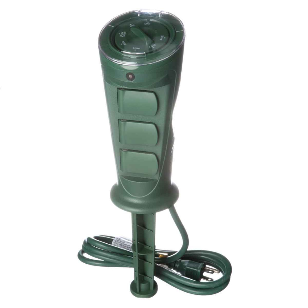 Outdoor Yard Stake 3-Outlet with Photocell & Built in Timer<span class=' ItemWarning' style='display:block;'>Item is usually in stock, but we&#39;ll be in touch if there&#39;s a problem<br /></span>