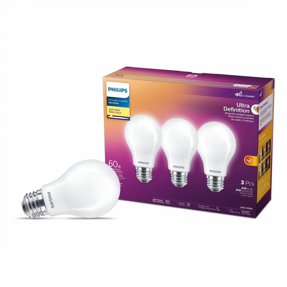 3PK Ultra Definition Frosted LED Bulbs A19 60W E26 Soft White Warm Glow Dimmable<span class=' ItemWarning' style='display:block;'>Item is usually in stock, but we&#39;ll be in touch if there&#39;s a problem<br /></span>
