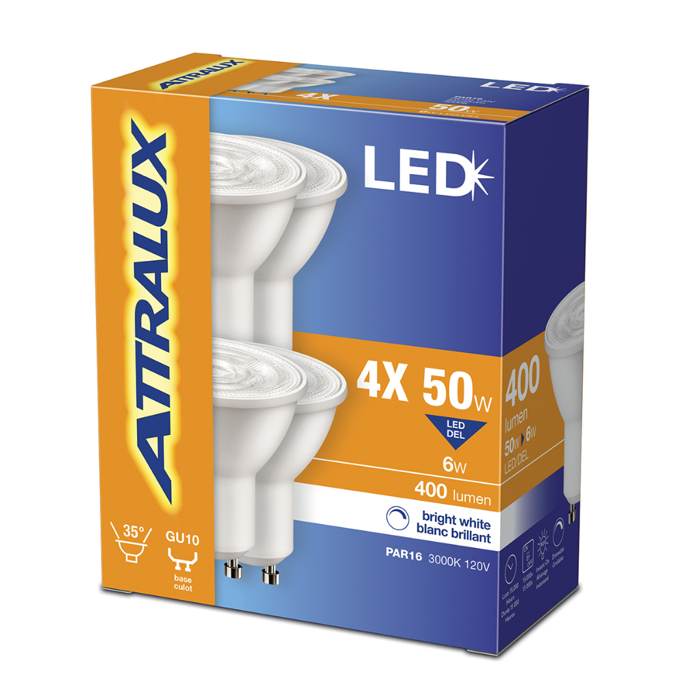 Attralux Bulb PAR16  LED Dimmable GU10 Base 6W Bright White  4PK<span class=' ItemWarning' style='display:block;'>Item is usually in stock, but we&#39;ll be in touch if there&#39;s a problem<br /></span>