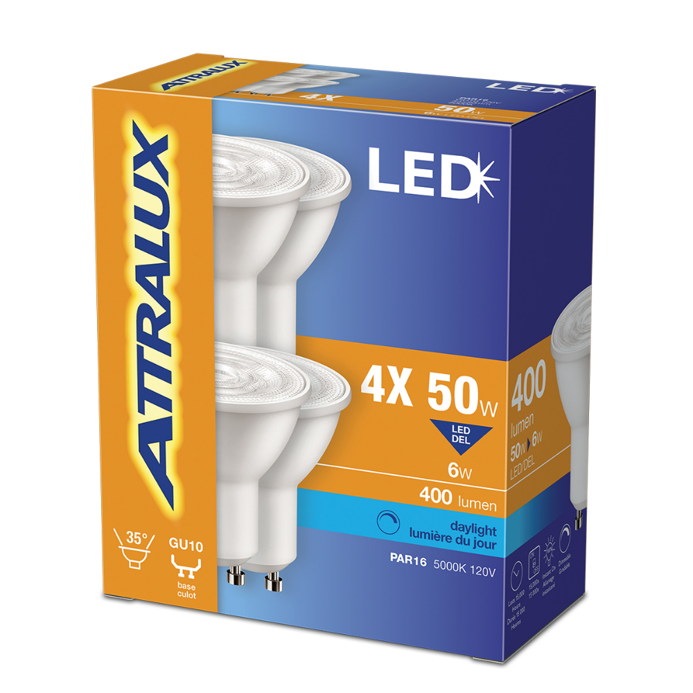 Attralux Bulb PAR16  LED Dimmable GU10 Base 6W Daylight 4PK<span class=' ItemWarning' style='display:block;'>Item is usually in stock, but we&#39;ll be in touch if there&#39;s a problem<br /></span>