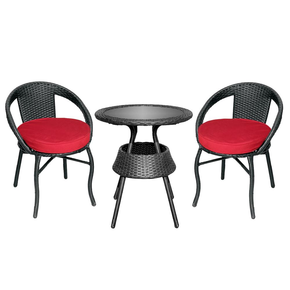 3Pc Wicker Bistro Set with Red Cushions<span class=' ItemWarning' style='display:block;'>Item is usually in stock, but we&#39;ll be in touch if there&#39;s a problem<br /></span>