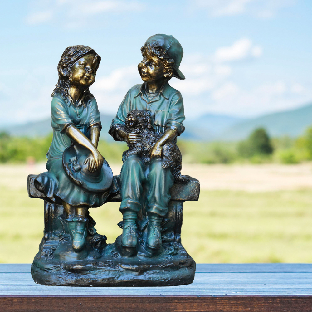 Garden Statue of Girl and Boy Sitting on Bench with Puppy 16&#34; high<span class=' ItemWarning' style='display:block;'>Item is usually in stock, but we&#39;ll be in touch if there&#39;s a problem<br /></span>