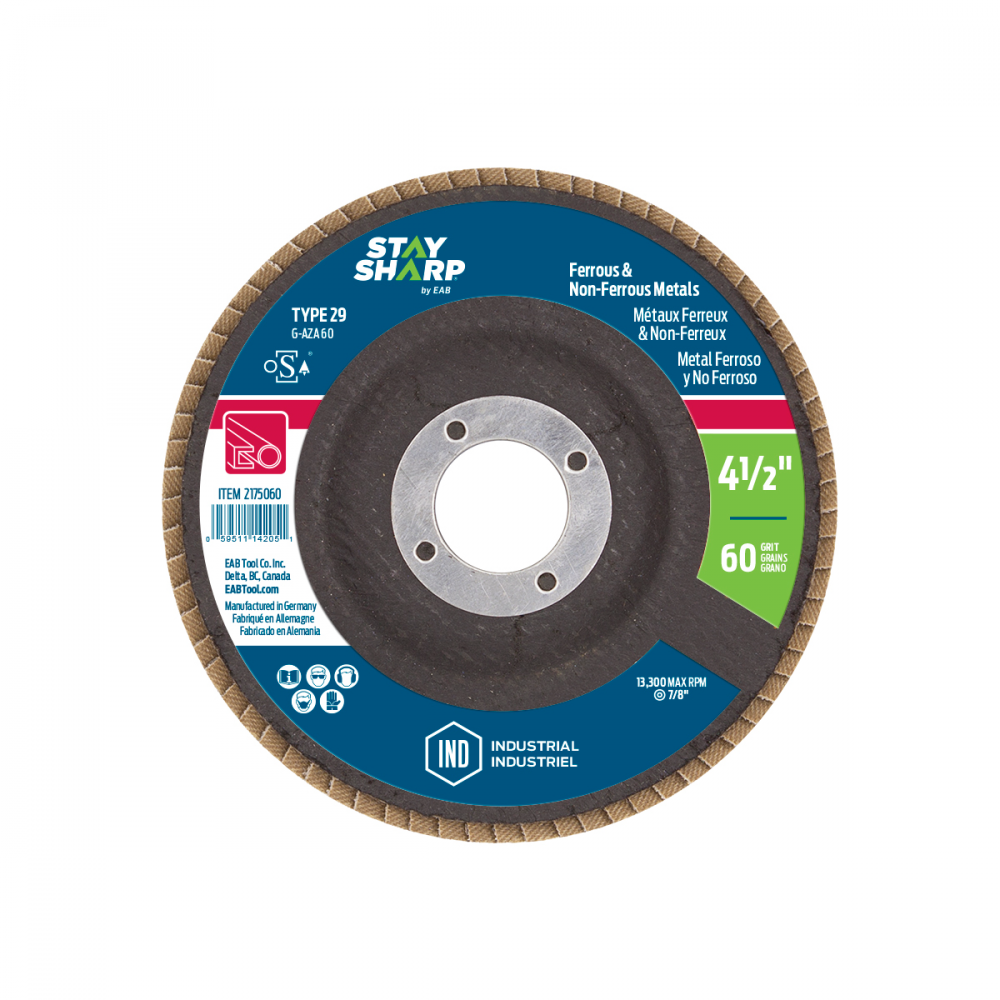 4 1/2&#34; x 60 Grit  Sanding & Cleaning Flap Disc Type 29<span class=' ItemWarning' style='display:block;'>Item is usually in stock, but we&#39;ll be in touch if there&#39;s a problem<br /></span>
