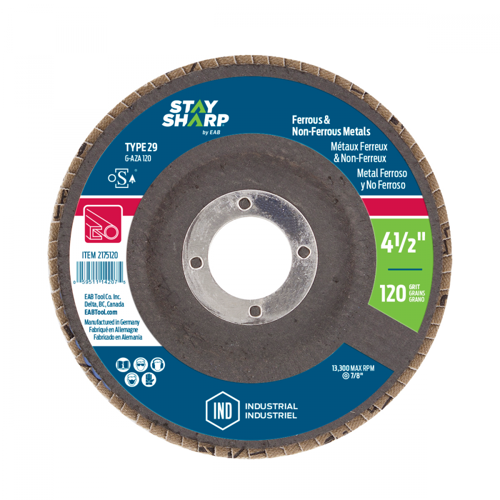 4 1/2&#34; x 120 Grit  Sanding & Cleaning Flap Disc Type 29<span class=' ItemWarning' style='display:block;'>Item is usually in stock, but we&#39;ll be in touch if there&#39;s a problem<br /></span>