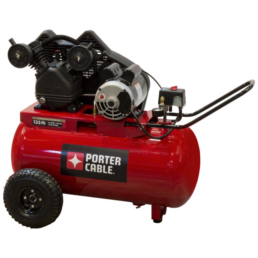 Porter Cable 1.6 RHP 20 Gallon V-Twin Cast Iron Pump Horz Compressor<span class=' ItemWarning' style='display:block;'>Item is usually in stock, but we&#39;ll be in touch if there&#39;s a problem<br /></span>
